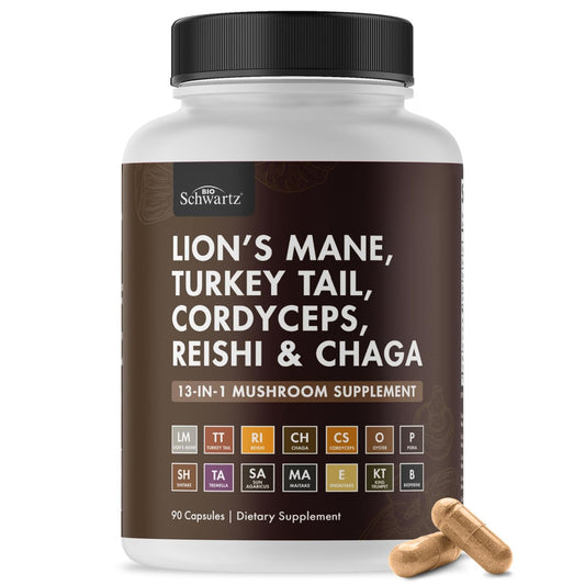 BioSchwartz 13-in-1 Pilzkomplex Kapseln - Bio-Pilz Nahrungsergänzung mit Löwenmähne, Chaga, Reishi, Cordyceps - Unterstützt Fokus, Energie, Immunsystem - mit BioPerin für Absorption, 90 Kapseln