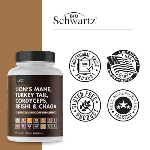 BioSchwartz 13-in-1 Pilzkomplex Kapseln - Bio-Pilz Nahrungsergänzung mit Löwenmähne, Chaga, Reishi, Cordyceps - Unterstützt Fokus, Energie, Immunsystem - mit BioPerin für Absorption, 90 Kapseln