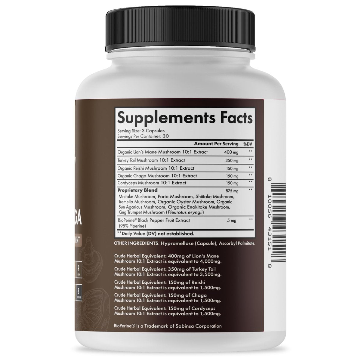 BioSchwartz 13-in-1 Pilzkomplex Kapseln - Bio-Pilz Nahrungsergänzung mit Löwenmähne, Chaga, Reishi, Cordyceps - Unterstützt Fokus, Energie, Immunsystem - mit BioPerin für Absorption, 90 Kapseln