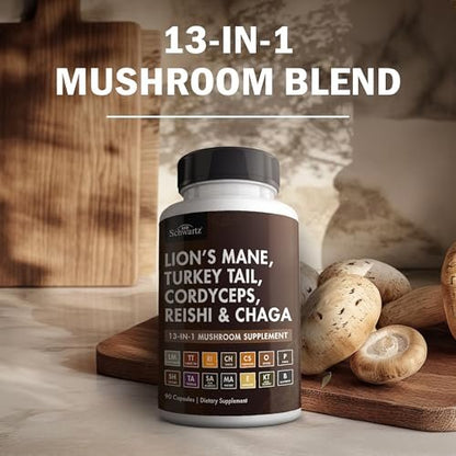 BioSchwartz 13-in-1 Pilzkomplex Kapseln - Bio-Pilz Nahrungsergänzung mit Löwenmähne, Chaga, Reishi, Cordyceps - Unterstützt Fokus, Energie, Immunsystem - mit BioPerin für Absorption, 90 Kapseln