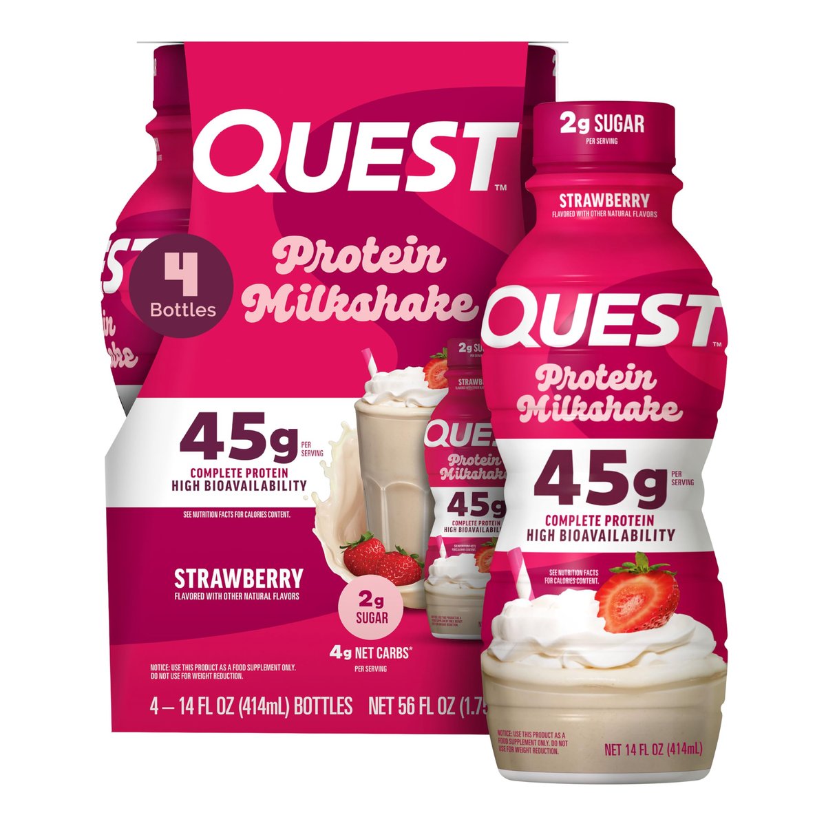 Quest Nutrition Erdbeer-Proteinshake – 45 g Protein, 2 g Zucker, 4 g Netto-Kohlenhydrate, Fertiggetränk, glutenfrei, 4er-Pack
