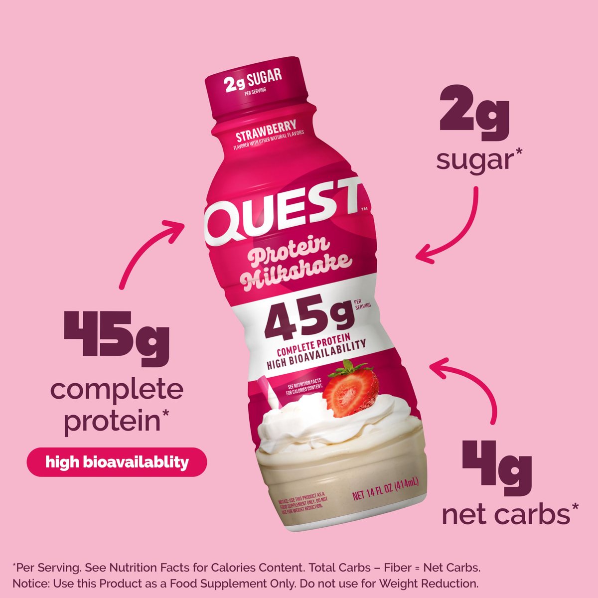 Quest Nutrition Erdbeer-Proteinshake – 45 g Protein, 2 g Zucker, 4 g Netto-Kohlenhydrate, Fertiggetränk, glutenfrei, 4er-Pack