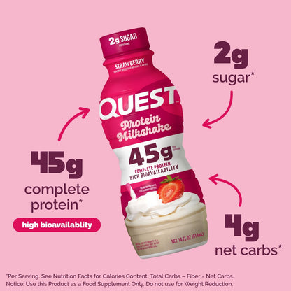 Quest Nutrition Erdbeer-Proteinshake – 45 g Protein, 2 g Zucker, 4 g Netto-Kohlenhydrate, Fertiggetränk, glutenfrei, 4er-Pack