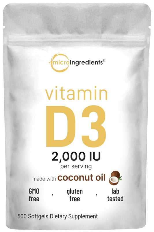 Micro Ingredients Vitamin D3 2.000 IE, 500 Softgels | Mit Virgin Coconut Oil | Cholecalciferol | Unterstützt Knochen, Immunsystem & Herz | Leicht zu schlucken, Nicht-GVO