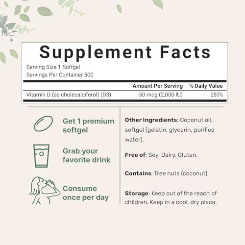 Micro Ingredients Vitamin D3 2.000 IE, 500 Softgels | Mit Virgin Coconut Oil | Cholecalciferol | Unterstützt Knochen, Immunsystem & Herz | Leicht zu schlucken, Nicht-GVO