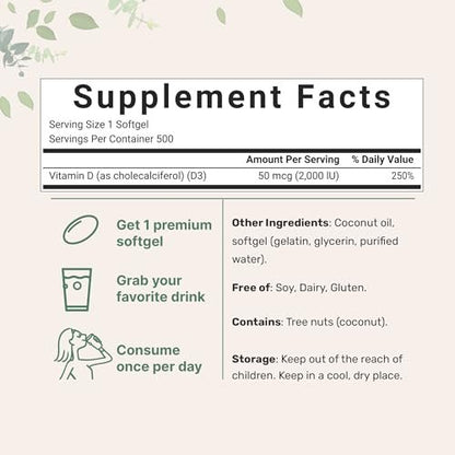 Micro Ingredients Vitamin D3 2.000 IE, 500 Softgels | Mit Virgin Coconut Oil | Cholecalciferol | Unterstützt Knochen, Immunsystem & Herz | Leicht zu schlucken, Nicht-GVO