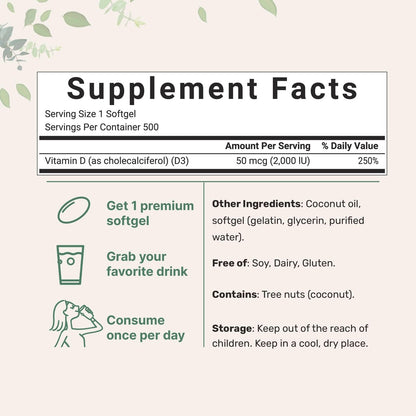 Micro Ingredients Vitamin D3 2.000 IE, 500 Softgels | Mit Virgin Coconut Oil | Cholecalciferol | Unterstützt Knochen, Immunsystem & Herz | Leicht zu schlucken, Nicht-GVO