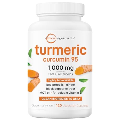 Micro Ingredients Reines Curcumin-Pulver 1.000 mg – 95 % Curcuminoide mit schwarzem Pfeffer & Ingwer – Hoch absorbierbar für Gelenk- & Antioxidans-Unterstützung* – Füllstofffrei, 120 vegane Kapseln