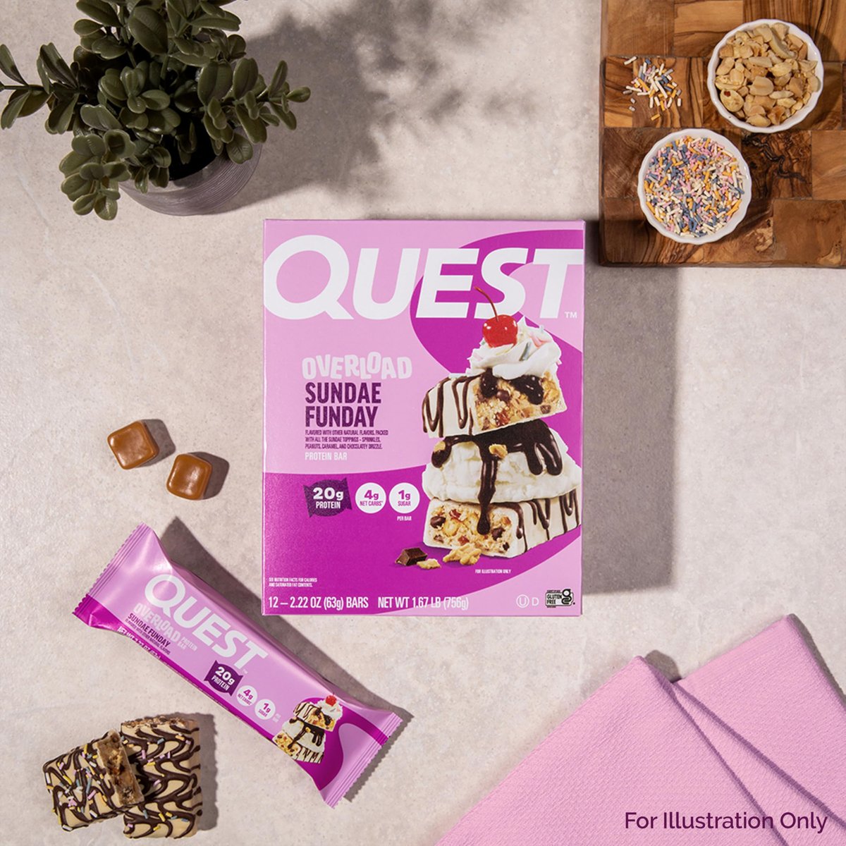 Quest Nutrition Overload Protein Riegel Sundae Funday – 20g Protein, 1g Zucker, 4g Netto-Kohlenhydrate, glutenfrei, 12er-Pack