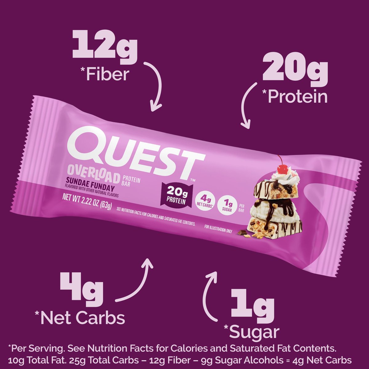 Quest Nutrition Overload Protein Riegel Sundae Funday – 20g Protein, 1g Zucker, 4g Netto-Kohlenhydrate, glutenfrei, 12er-Pack