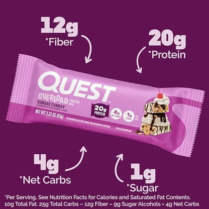 Quest Nutrition Overload Protein Riegel Sundae Funday – 20g Protein, 1g Zucker, 4g Netto-Kohlenhydrate, glutenfrei, 12er-Pack