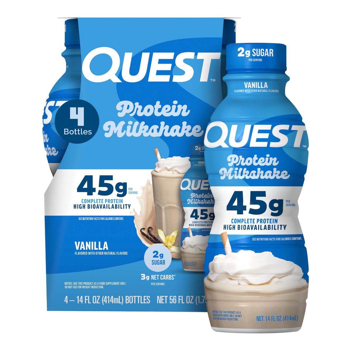 Quest Nutrition Vanille Protein-Shake – 45g Protein, 2g Zucker, 3g Netto-Kohlenhydrate, trinkfertig, glutenfrei, 4er-Pack