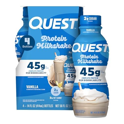 Quest Nutrition Vanille Protein-Shake – 45g Protein, 2g Zucker, 3g Netto-Kohlenhydrate, trinkfertig, glutenfrei, 4er-Pack