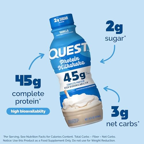 Quest Nutrition Vanille Protein-Shake – 45g Protein, 2g Zucker, 3g Netto-Kohlenhydrate, trinkfertig, glutenfrei, 4er-Pack