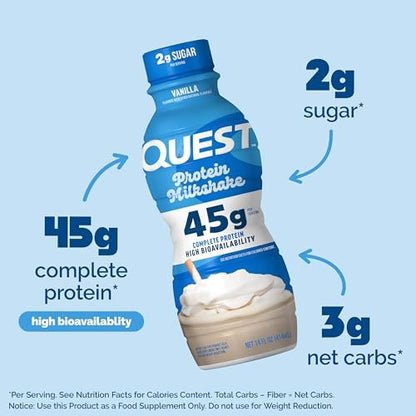 Quest Nutrition Vanille Protein-Shake – 45g Protein, 2g Zucker, 3g Netto-Kohlenhydrate, trinkfertig, glutenfrei, 4er-Pack