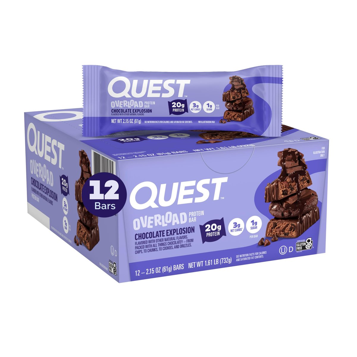 Quest Nutrition Overload Protein Riegel, Chocolate Explosion, 20g Protein, 1g Zucker, 3g Netto-Kohlenhydrate, glutenfrei, 12er Pack