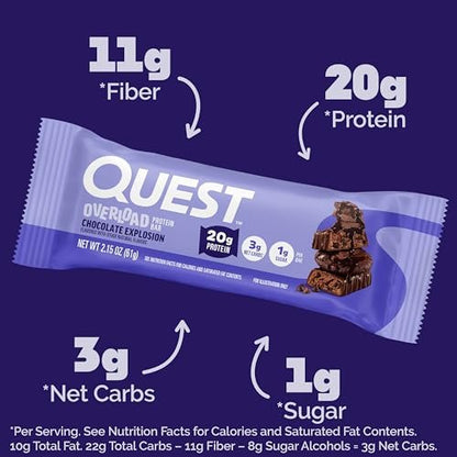 Quest Nutrition Overload Protein Riegel, Chocolate Explosion, 20g Protein, 1g Zucker, 3g Netto-Kohlenhydrate, glutenfrei, 12er Pack