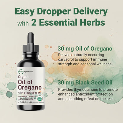 Bio Oregano Öl mit Schwarzkümmelöl, 118 ml | 2-in-1 Pipette | Hochwirksame flüssige Tropfen mit Carvacrol & Thymoquinon | Natürliches pflanzliches Nahrungsergänzungsmittel | Vegan, pflanzlich, ohne Gentechnik