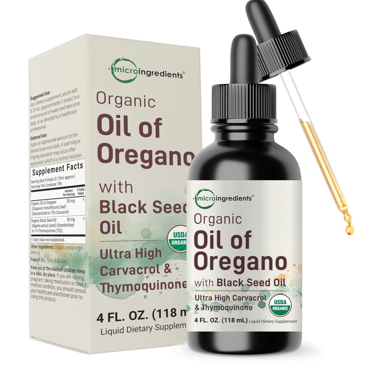 Bio Oregano Öl mit Schwarzkümmelöl, 118 ml | 2-in-1 Pipette | Hochwirksame flüssige Tropfen mit Carvacrol & Thymoquinon | Natürliches pflanzliches Nahrungsergänzungsmittel | Vegan, pflanzlich, ohne Gentechnik