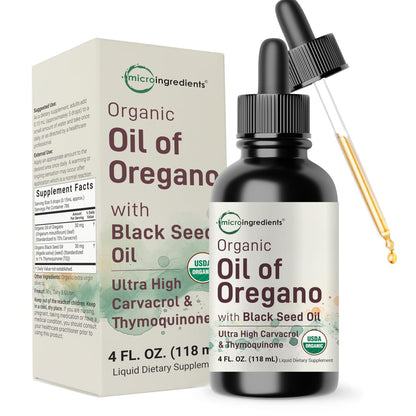 Bio Oregano Öl mit Schwarzkümmelöl, 118 ml | 2-in-1 Pipette | Hochwirksame flüssige Tropfen mit Carvacrol & Thymoquinon | Natürliches pflanzliches Nahrungsergänzungsmittel | Vegan, pflanzlich, ohne Gentechnik