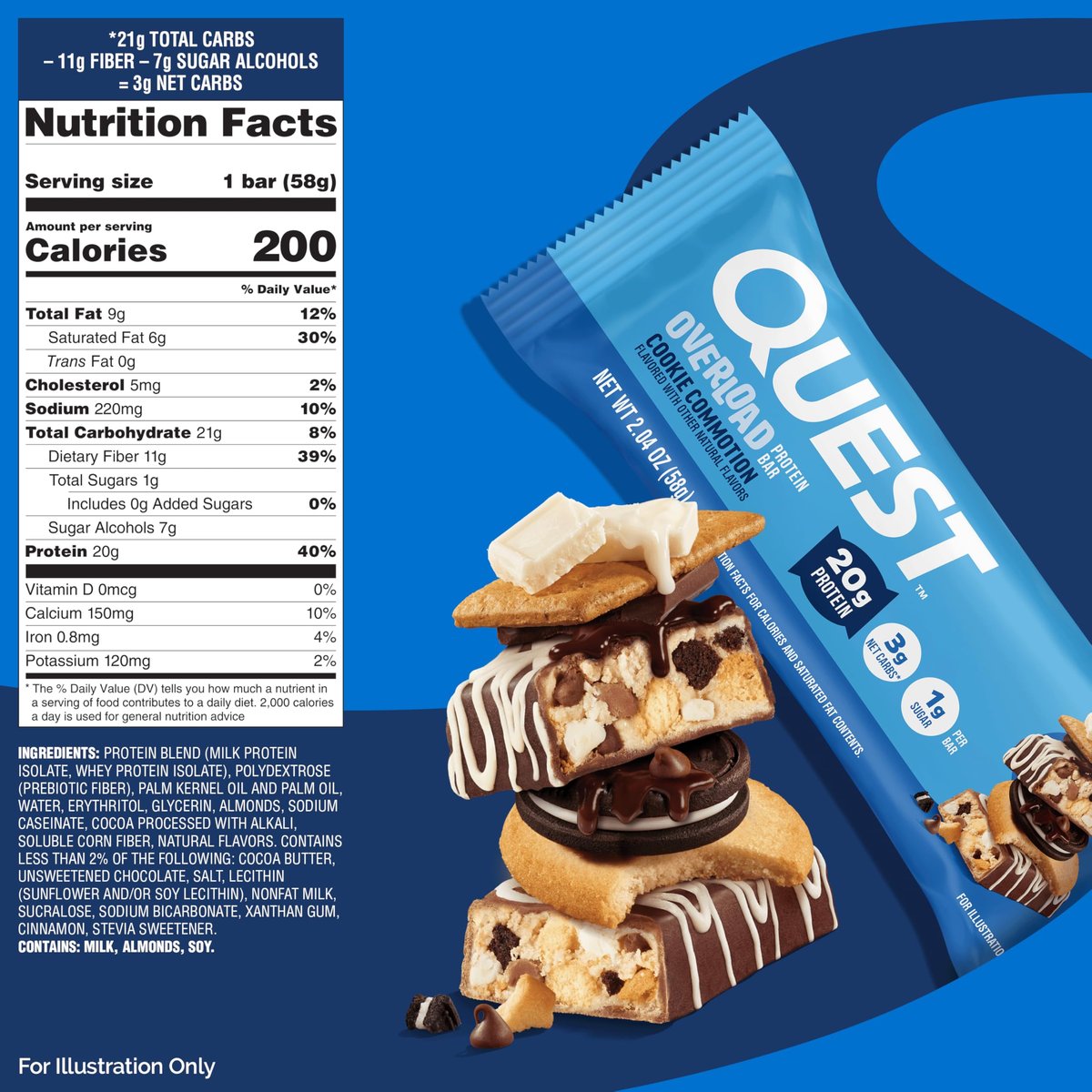 Quest Nutrition Overload Protein Riegel, Cookie Commotion, 20g Protein, 1g Zucker, 3g Netto-Kohlenhydrate, Glutenfrei, 12er Pack