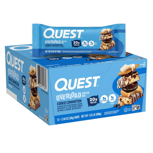 Quest Nutrition Overload Protein Riegel, Cookie Commotion, 20g Protein, 1g Zucker, 3g Netto-Kohlenhydrate, Glutenfrei, 12er Pack