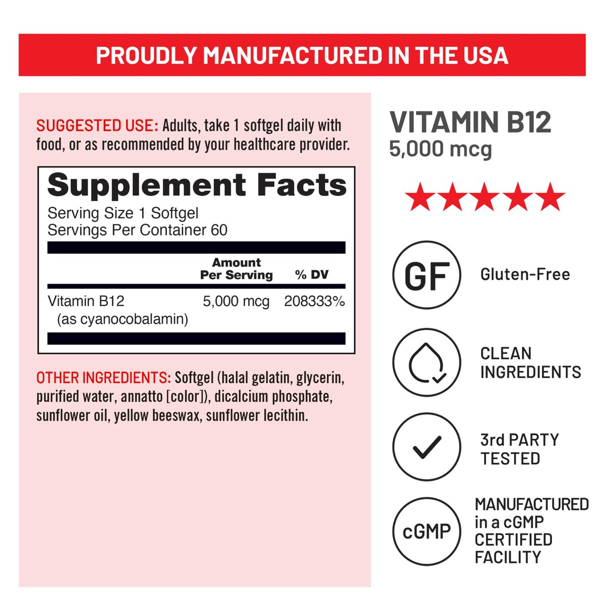 NatureWise Vitamin B12 5000 mcg – Extra Stärke – Nahrungsergänzung für Energie, geistige Klarheit und Nervensystem – leicht zu schlucken, soja- und glutenfrei, nicht-GVO – 60 Softgels