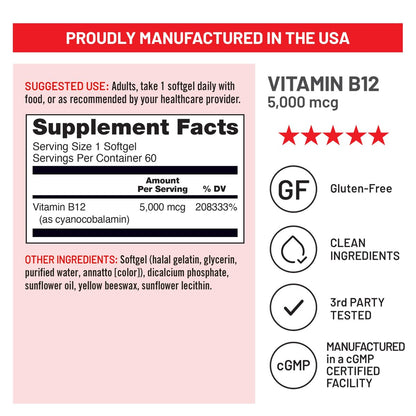 NatureWise Vitamin B12 5000 mcg – Extra Stärke – Nahrungsergänzung für Energie, geistige Klarheit und Nervensystem – leicht zu schlucken, soja- und glutenfrei, nicht-GVO – 60 Softgels