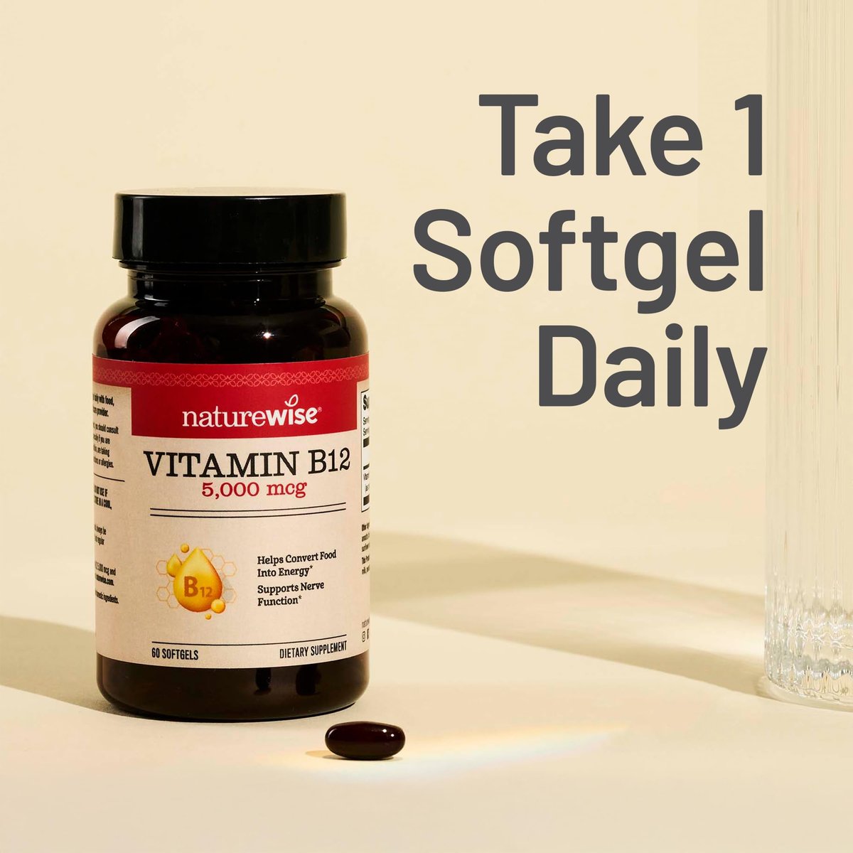 NatureWise Vitamin B12 5000 mcg – Extra Stärke – Nahrungsergänzung für Energie, geistige Klarheit und Nervensystem – leicht zu schlucken, soja- und glutenfrei, nicht-GVO – 60 Softgels
