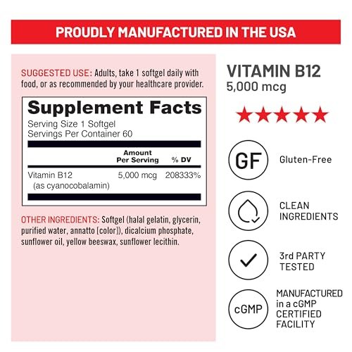 NatureWise Vitamin B12 5000 mcg – Extra Stärke – Nahrungsergänzung für Energie, geistige Klarheit und Nervensystem – leicht zu schlucken, soja- und glutenfrei, nicht-GVO – 60 Softgels