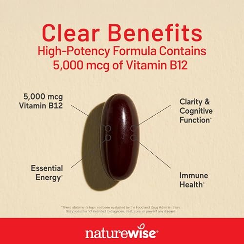 NatureWise Vitamin B12 5000 mcg – Extra Stärke – Nahrungsergänzung für Energie, geistige Klarheit und Nervensystem – leicht zu schlucken, soja- und glutenfrei, nicht-GVO – 60 Softgels