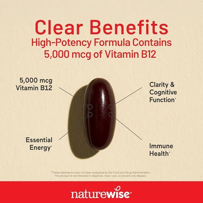 NatureWise Vitamin B12 5000 mcg – Extra Stärke – Nahrungsergänzung für Energie, geistige Klarheit und Nervensystem – leicht zu schlucken, soja- und glutenfrei, nicht-GVO – 60 Softgels