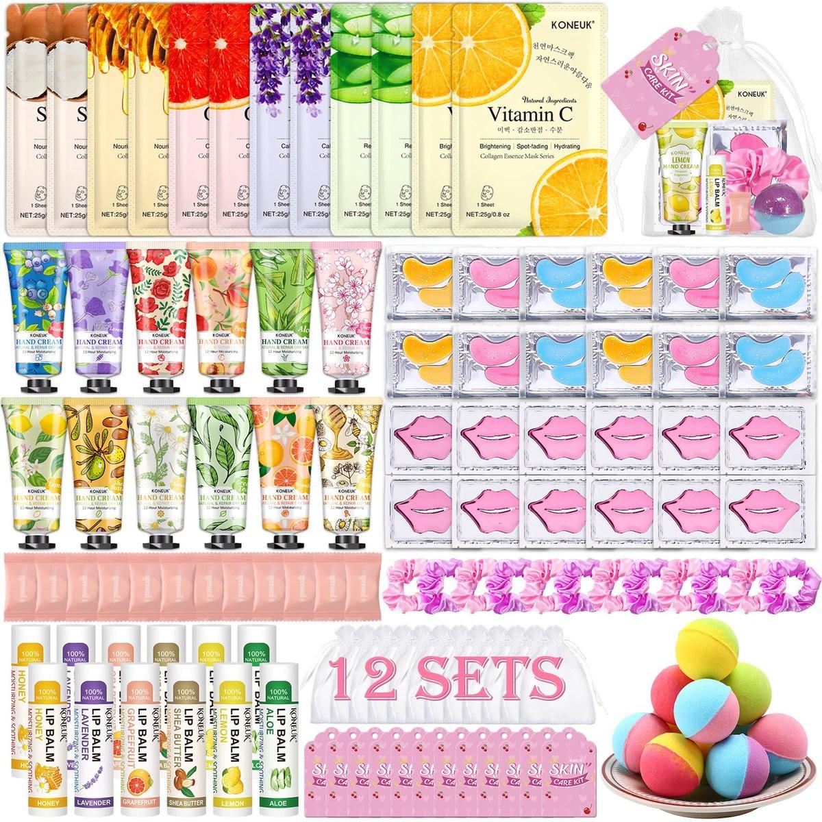 KONEUK 120-teiliges Spa-Party-Set für Frauen – Gesichtsmasken, Handcreme, Lippenbalsam, Augenpads, Lippenmasken und Fußbadebomben – Ideale Geburtstags- und Übernachtungs-Party-Geschenke