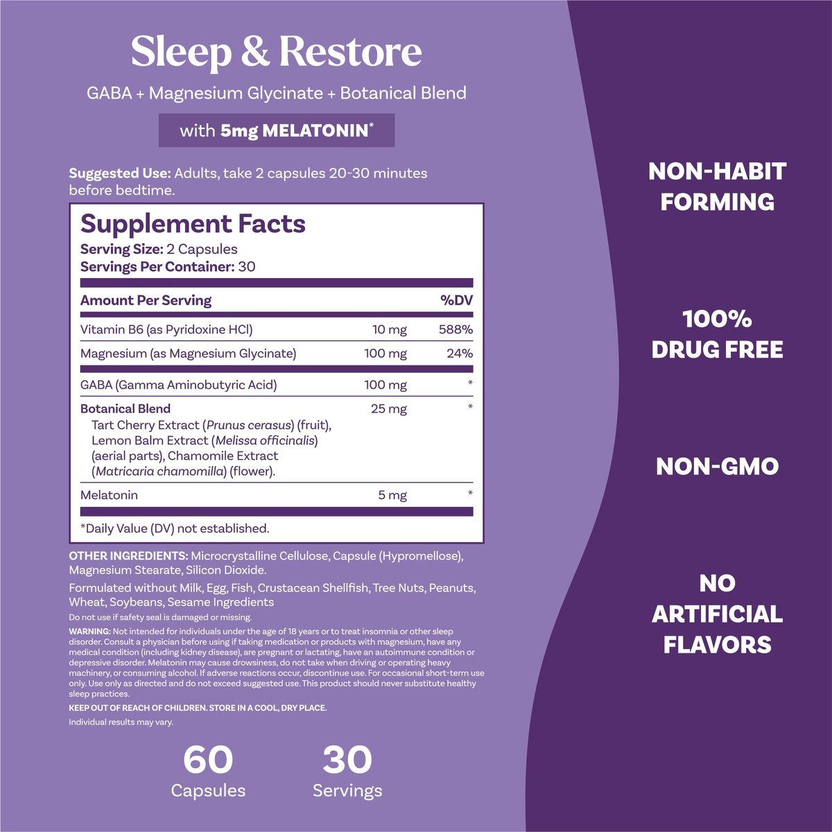 Natrol Schlaf & Erholung Kapseln – Ruhiger Schlaf mit Magnesiumglycinat, GABA, Melatonin 5mg und pflanzlicher Mischung, 30-Tage-Vorrat