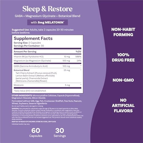 Natrol Schlaf & Erholung Kapseln – Ruhiger Schlaf mit Magnesiumglycinat, GABA, Melatonin 5mg und pflanzlicher Mischung, 30-Tage-Vorrat