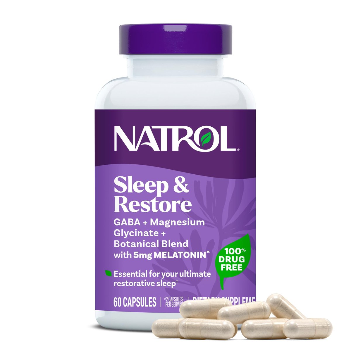 Natrol Schlaf & Erholung Kapseln – Ruhiger Schlaf mit Magnesiumglycinat, GABA, Melatonin 5mg und pflanzlicher Mischung, 30-Tage-Vorrat
