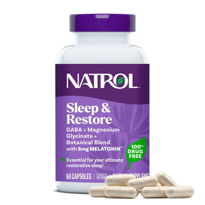 Natrol Schlaf & Erholung Kapseln – Ruhiger Schlaf mit Magnesiumglycinat, GABA, Melatonin 5mg und pflanzlicher Mischung, 30-Tage-Vorrat