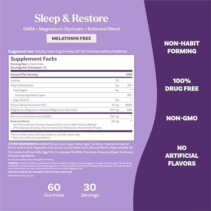 Natrol Sleep & Restore Magnesium Glycinat-Gummies – Melatoninfreies Schlafmittel für Erwachsene, Kirschgeschmack, 60 Stück (30 Tage Vorrat)