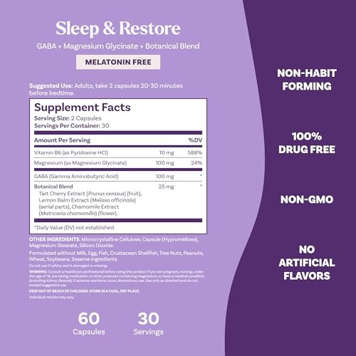 Natrol Sleep & Restore Kapseln mit Magnesiumglycinat 100 mg, GABA – Für erholsamen Schlaf, Melatoninfrei, 30-Tage-Vorrat