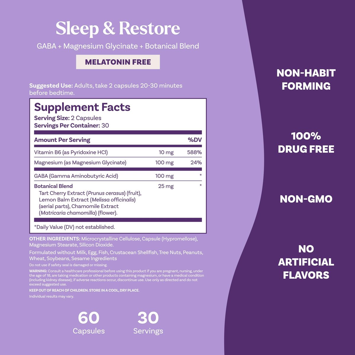 Natrol Sleep & Restore Kapseln mit Magnesiumglycinat 100 mg, GABA – Für erholsamen Schlaf, Melatoninfrei, 30-Tage-Vorrat