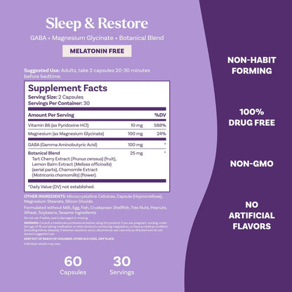 Natrol Sleep & Restore Kapseln mit Magnesiumglycinat 100 mg, GABA – Für erholsamen Schlaf, Melatoninfrei, 30-Tage-Vorrat