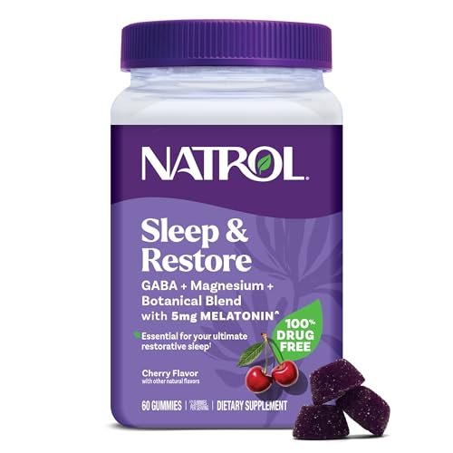 Natrol Sleep + Restore Magnesium Glycinat Gummis mit Melatonin 5mg – Ruhiger Schlaf mit Magnesium, GABA, botanischer Mischung, Kirsche, 60 Stück