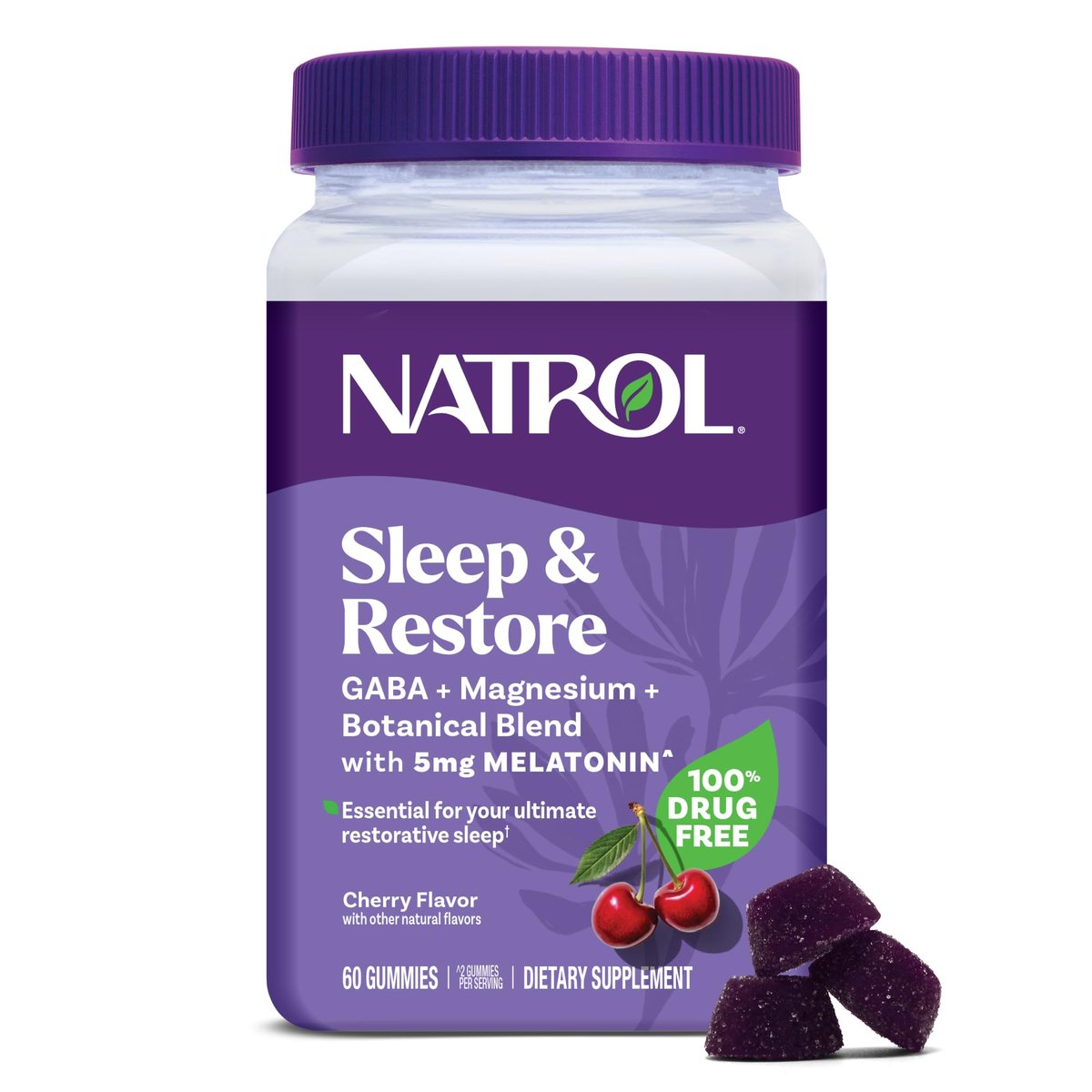 Natrol Sleep + Restore Magnesium Glycinat Gummis mit Melatonin 5mg – Ruhiger Schlaf mit Magnesium, GABA, botanischer Mischung, Kirsche, 60 Stück