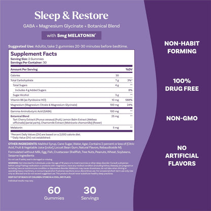 Natrol Sleep + Restore Magnesium Glycinat Gummis mit Melatonin 5mg – Ruhiger Schlaf mit Magnesium, GABA, botanischer Mischung, Kirsche, 60 Stück