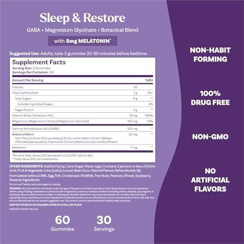 Natrol Sleep + Restore Magnesium Glycinat Gummis mit Melatonin 5mg – Ruhiger Schlaf mit Magnesium, GABA, botanischer Mischung, Kirsche, 60 Stück