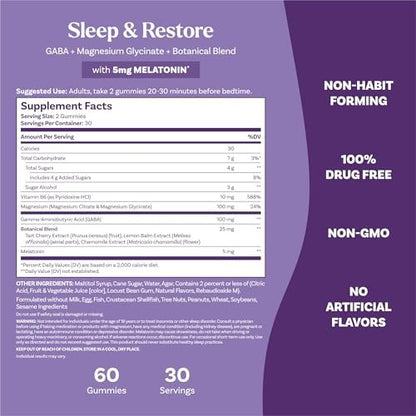 Natrol Sleep + Restore Magnesium Glycinat Gummis mit Melatonin 5mg – Ruhiger Schlaf mit Magnesium, GABA, botanischer Mischung, Kirsche, 60 Stück