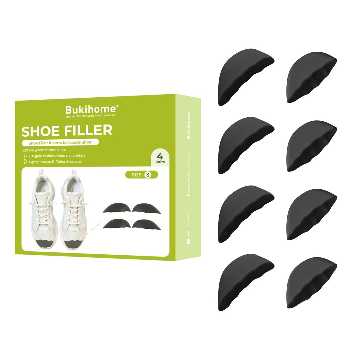 Bukihome Schuhfüller Einlage - 4 Paar Schuhfüller für zu große Schuhe, Fersenpolster für Damen, Zeheneinlagen, Größenreduzierer für passende Schuhe, Schwarz, S