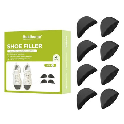 Bukihome Schuhfüller-Einlage 4 Paar – Schuhgrößenreduzierer für zu große Schuhe, Fersenpolster für Damen, Zeheneinlagen, Größenreduzierer für perfekten Sitz, Schwarz, L
