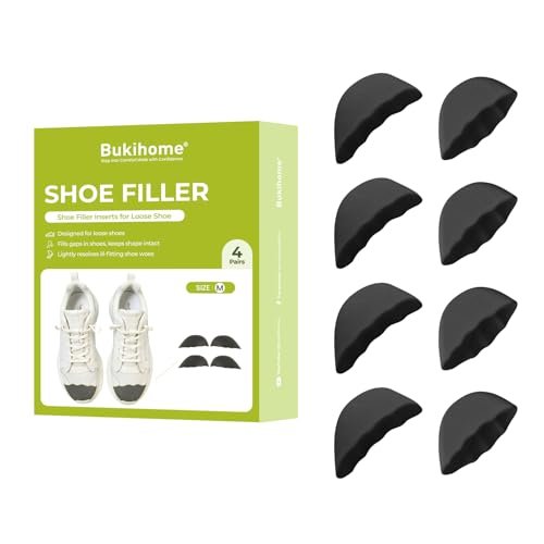Bukihome Schuhfüller-Einlagen 4 Paar – Schuhgrößenreduzierer für zu große Schuhe, Fersenkissen für Damen, Zeheneinlagen, Schwarz, M