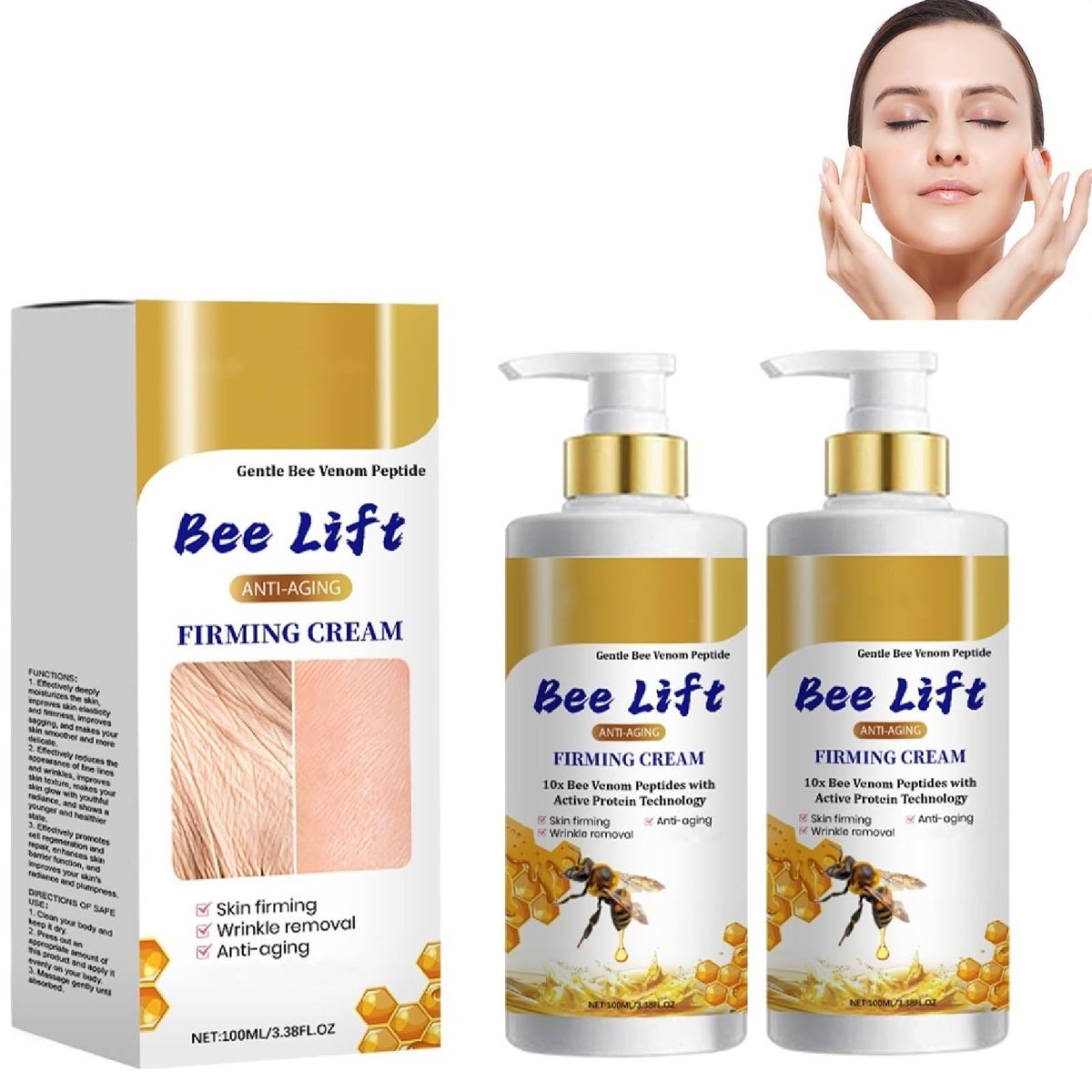 Identicalven 2er-Pack Bienengift Hautstraffungscreme, BeeLift Anti-Aging Festigungscreme, Faltenentfernung zur Wiederherstellung der Elastizität für alle Hauttypen